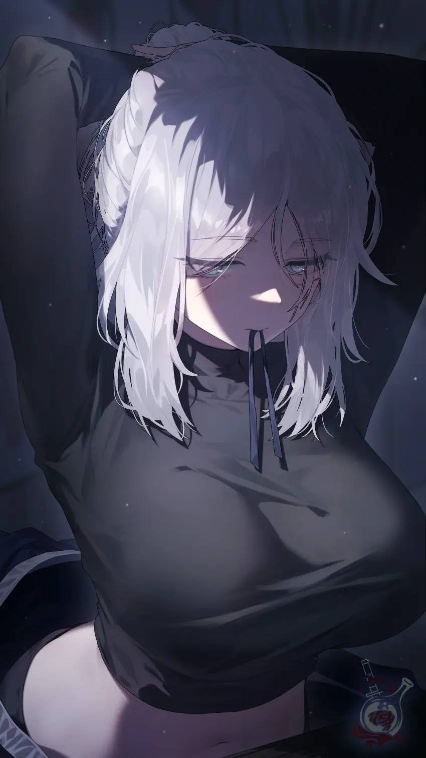Image 1girls,big_breasts,blush,breasts,clothing,female,shirt,smile,white_hair,blue_eyes,short_hair,medium_hair,skimpy,hair_bun,project_moon,limbus_company,faust_(limbus_company)