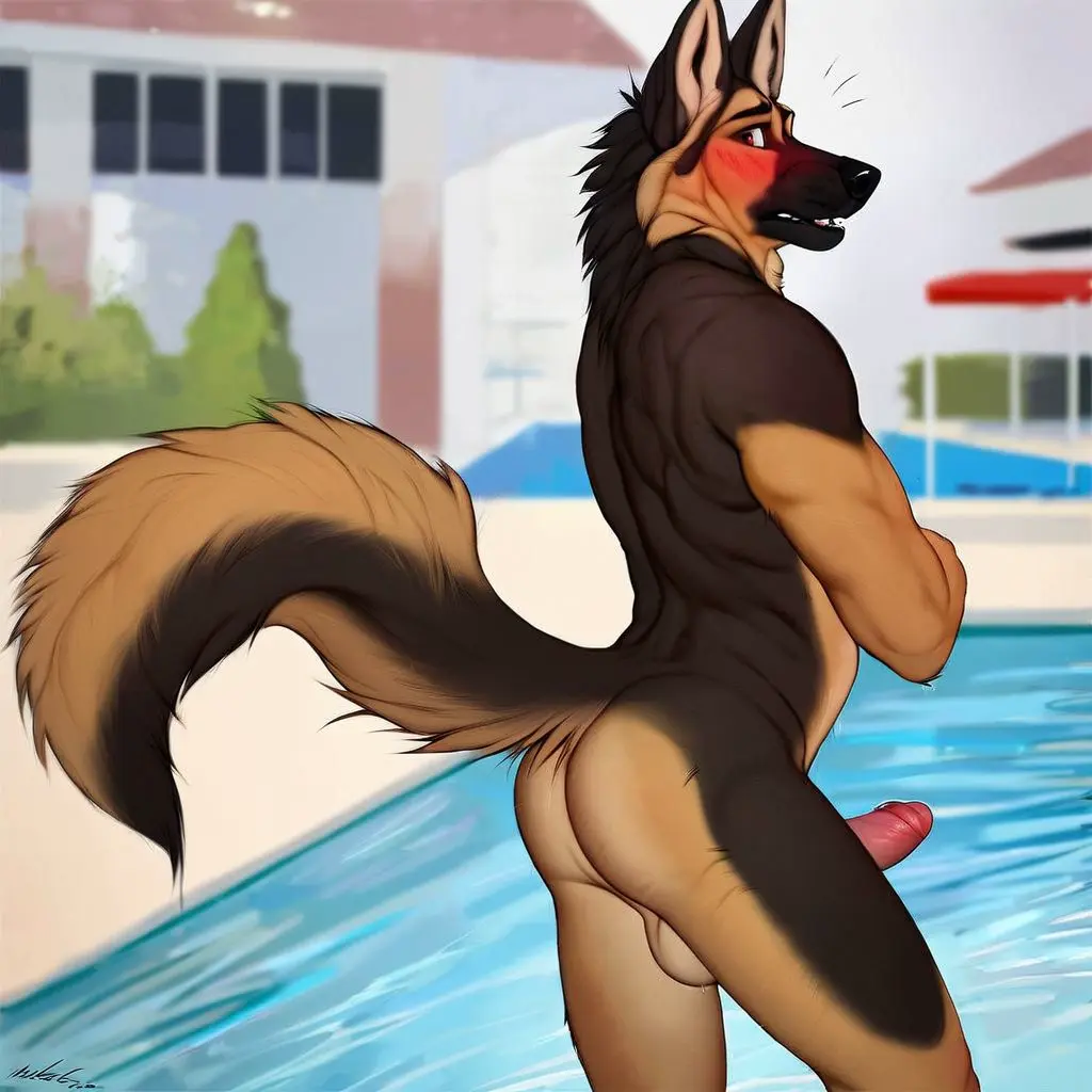 Image looking_at_viewer,solo,standing,male,nude,penis,tail,furry,ass,embarrassed,ai_generated,male_only,balls,anthro,tagme,self_upload,outdoors,public,canid,canine,domestic_dog,mammal,rear_view,2024,embarrassed_nude_male,solo_male,pool,poolside,public_nudity,exhibitionism,german_shepherd,swimming_pool,original_artwork,carnivalecloudmuncher,enm