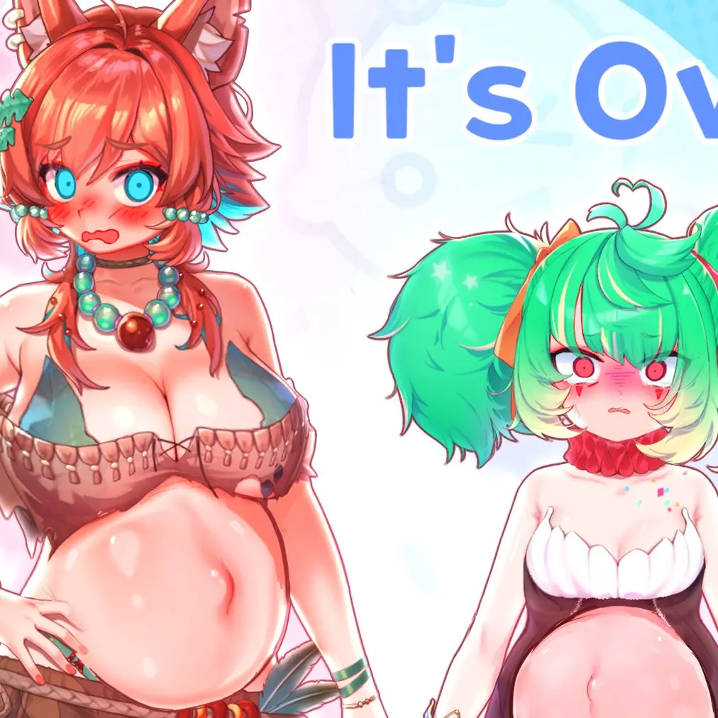 Image blush,breasts,female,large_breasts,light-skinned_female,light_skin,2girls,animal_ears,small_breasts,virtual_youtuber,embarrassed,pregnant,monster_girl,crossover,piercings,ear_piercings,beast,idol_corp,coni_confetti,endless_(idol_corp),idol-en,live2d_model,mozumi_pichi,v-dere