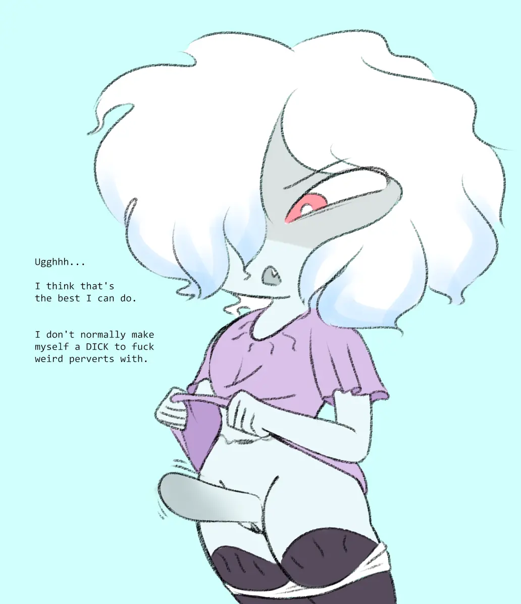Image clothed,clothing,female,solo,standing,short_hair,erection,futanari,humanoid,intersex,english_text,partially_clothed,futa_sans_balls,pseudo-penis,shapeshifter,lifted_shirt,juniper_(rolld6toporn),rolld6toporn,shapeshifting