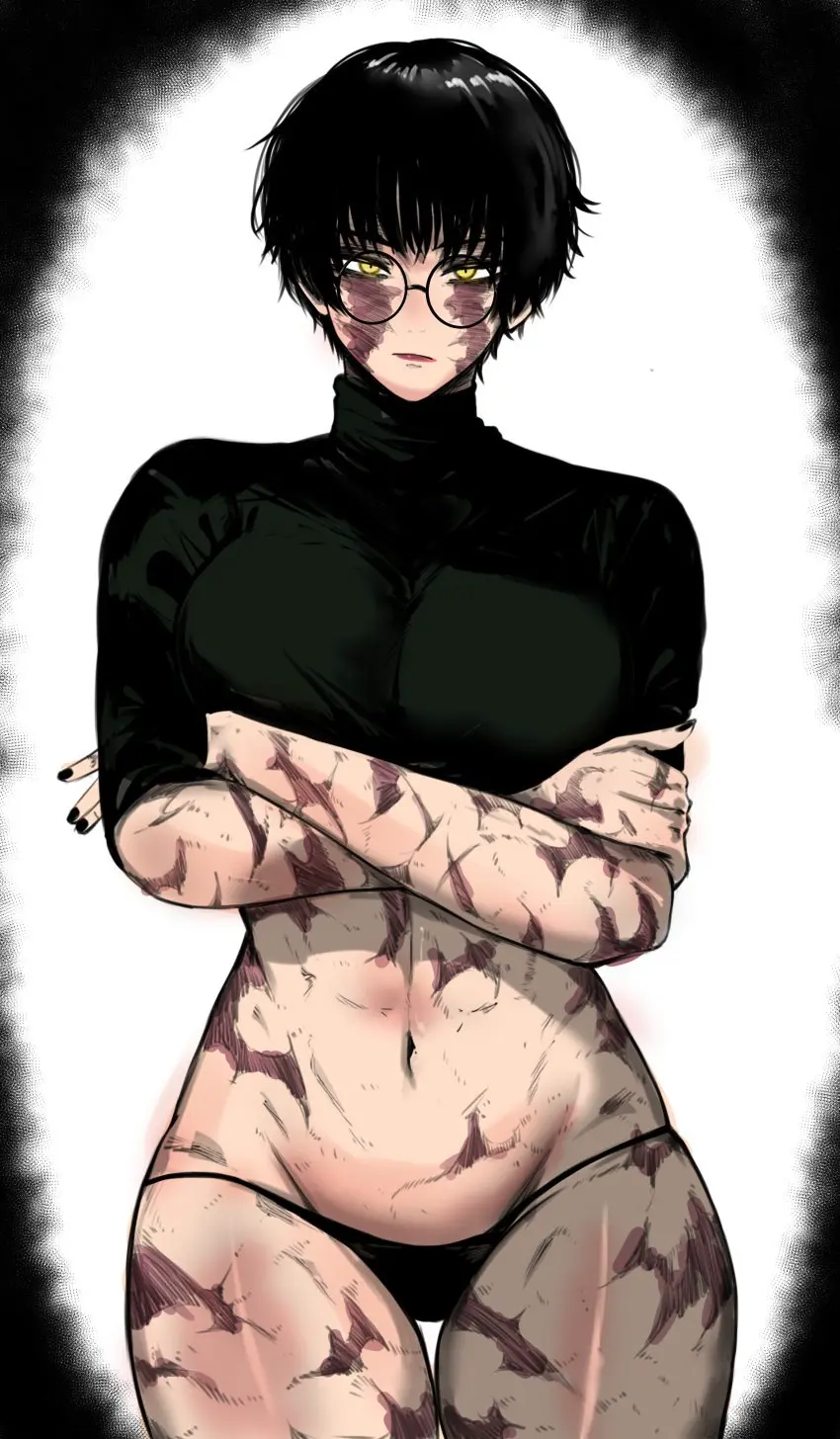 Image panties,color,glasses,scars,black_nails,jujutsu_kaisen,zenin_maki,very_short_hair,color_edit,burn_scar,masoq095,colorized