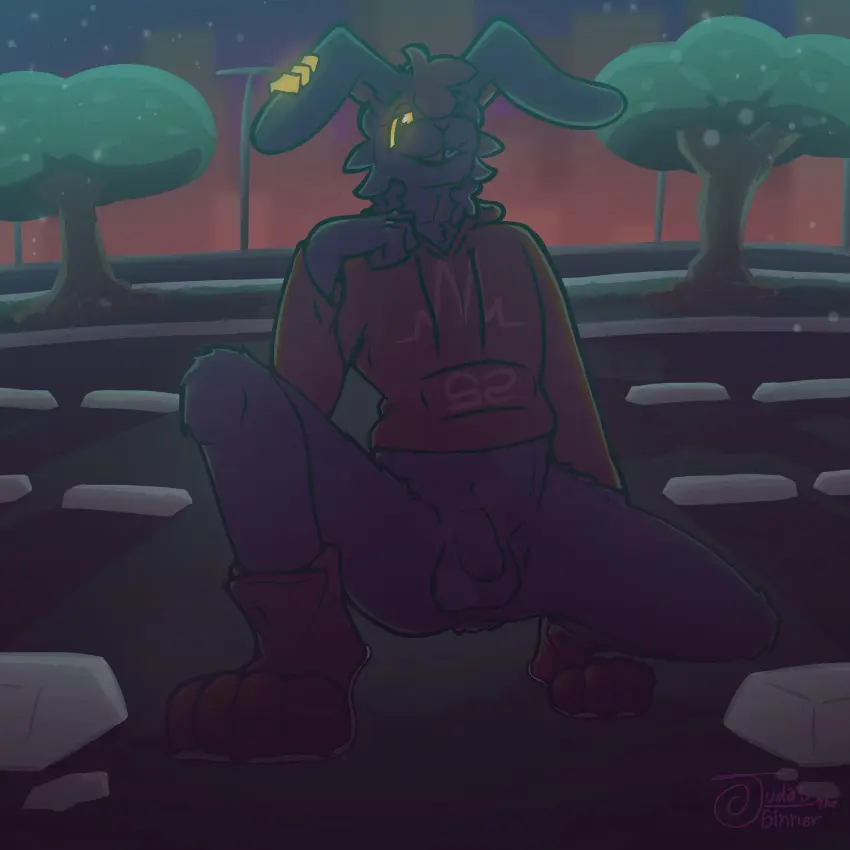 Image clothed,clothing,hi_res,solo,male,yellow_eyes,sky,balls,anthro,piercing,smug,night,public,genitals,mammal,paws,ear_piercing,bottomless,steam,tree,hoodie,fluffy,plant,topwear,lagomorph,leporid,rabbit,bottomless_male,grass,city,smug_face,city_background,public_nudity,park,public_exposure,judasthesinner,topwear_only,hoodie_only,no_socks,purple_sky,paw_shoes,bent_ears,cain_(judasthesinner),long_shadows,parking_lot,shoes_without_bottomwear
