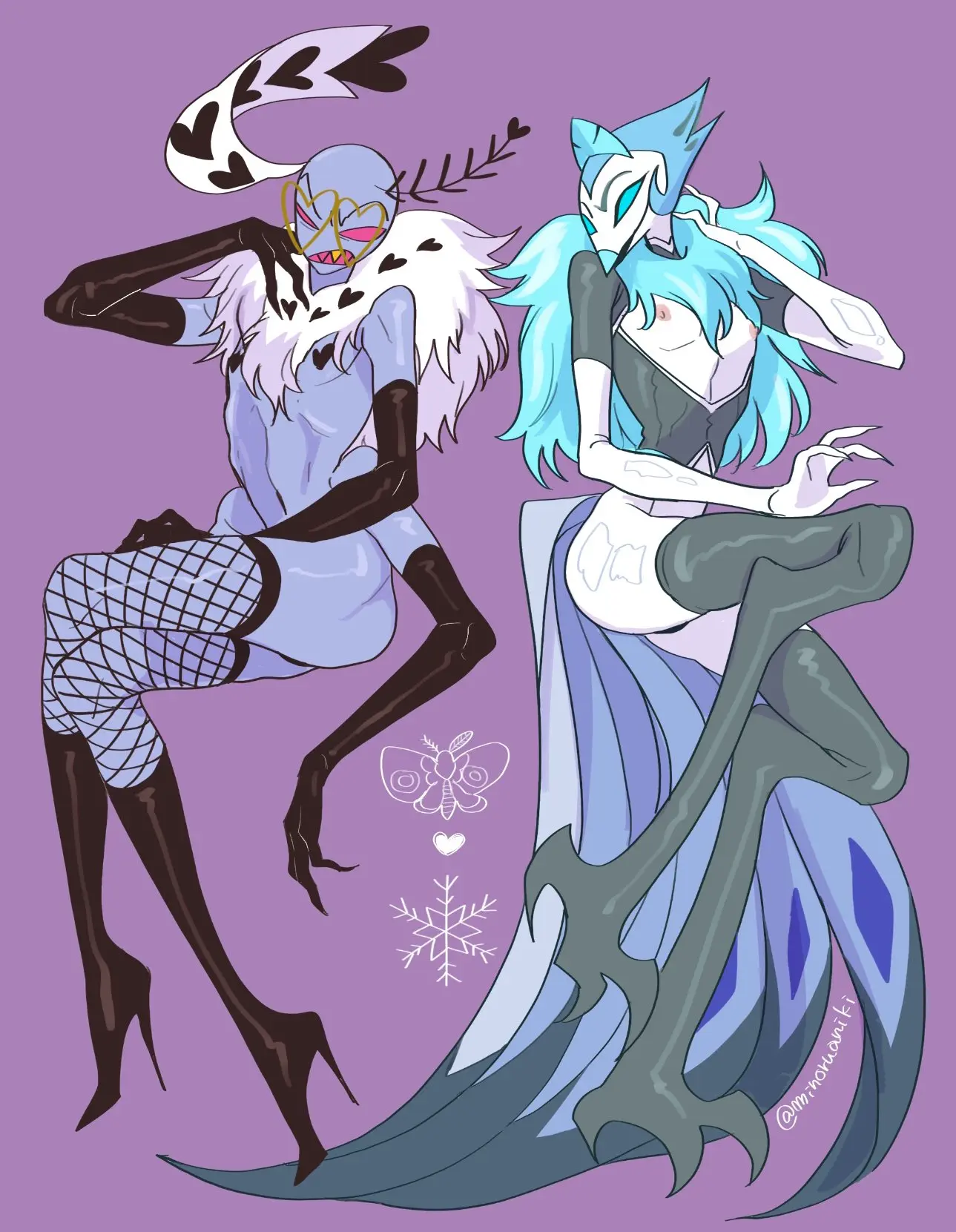 Image clothed,clothing,nipples,simple_background,blue_eyes,blue_hair,male,navel,thighhighs,duo,2boys,femboy,anthro,demon,white_body,purple_body,avian,bird,hazbin_hotel,helluva_boss,purple_background,crop_top,phasianid,moth,peafowl,valentino_(hazbin_hotel),andrealphus_(helluva_boss),minoruaniki