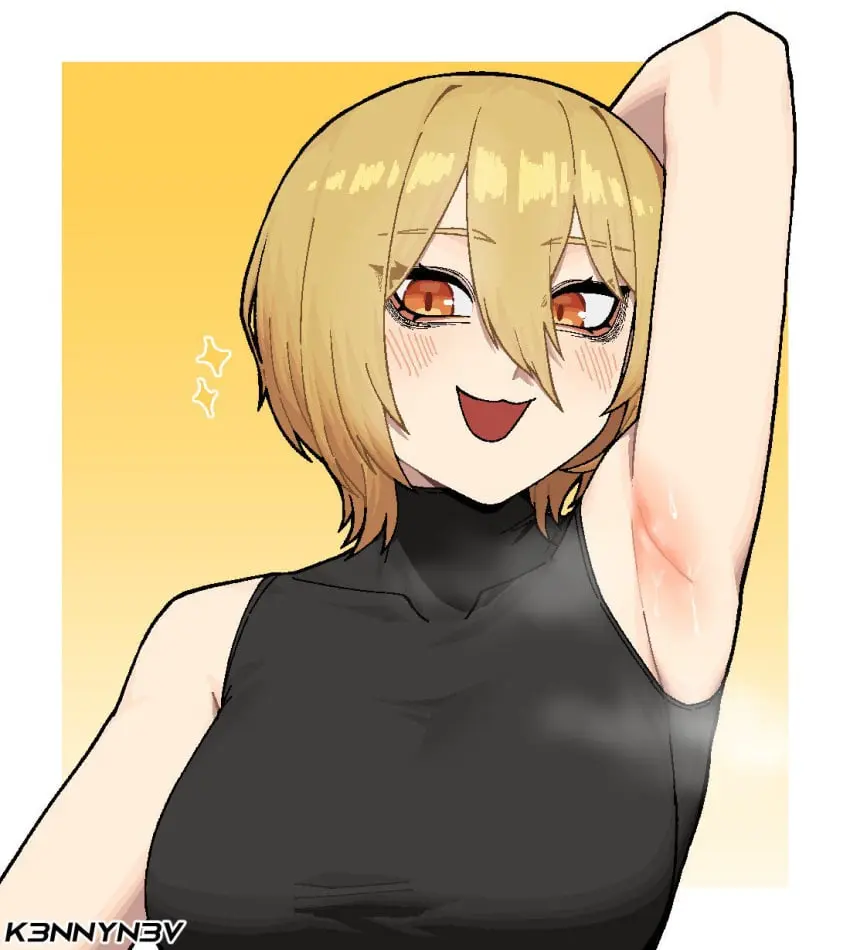 Image 1girls,blush,clothing,female,smile,short_hair,sweat,yellow_eyes,armpits,blonde_hair,sleeveless_shirt,tank_top,project_moon,limbus_company,don_quixote_(limbus_company),k3nnyn3v