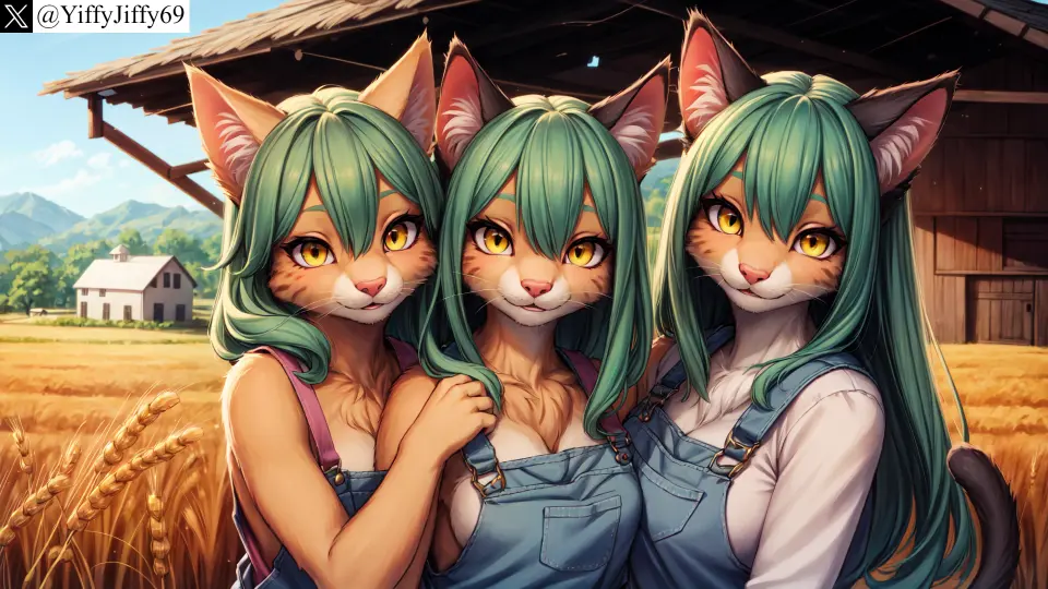 Image breasts,female,long_hair,looking_at_viewer,smile,animal_ears,multiple_girls,tail,yellow_eyes,furry,animal_ear_fluff,cat_ears,cat_girl,watermark,ai_generated,artist_name,overalls,anthro,furry_female,twitter,stable_diffusion,cat_tail,hair_between_eyes,outdoors,green_hair,upper_body,sisters,feline,3girls,siblings,slit_pupils,day,domestic_cat,twitter_username,yiffyjiffy69,white_sweater