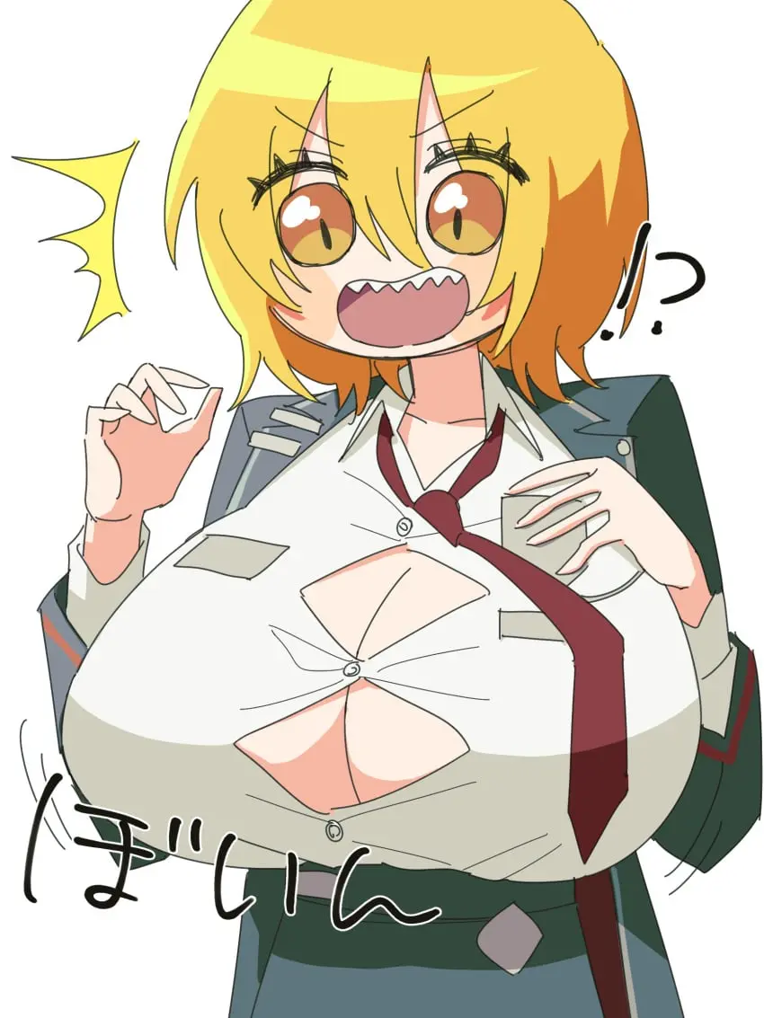 Image 1girls,big_breasts,breasts,clothing,female,short_hair,yellow_eyes,blonde_hair,surprised,breast_expansion,project_moon,limbus_company,don_quixote_(limbus_company)