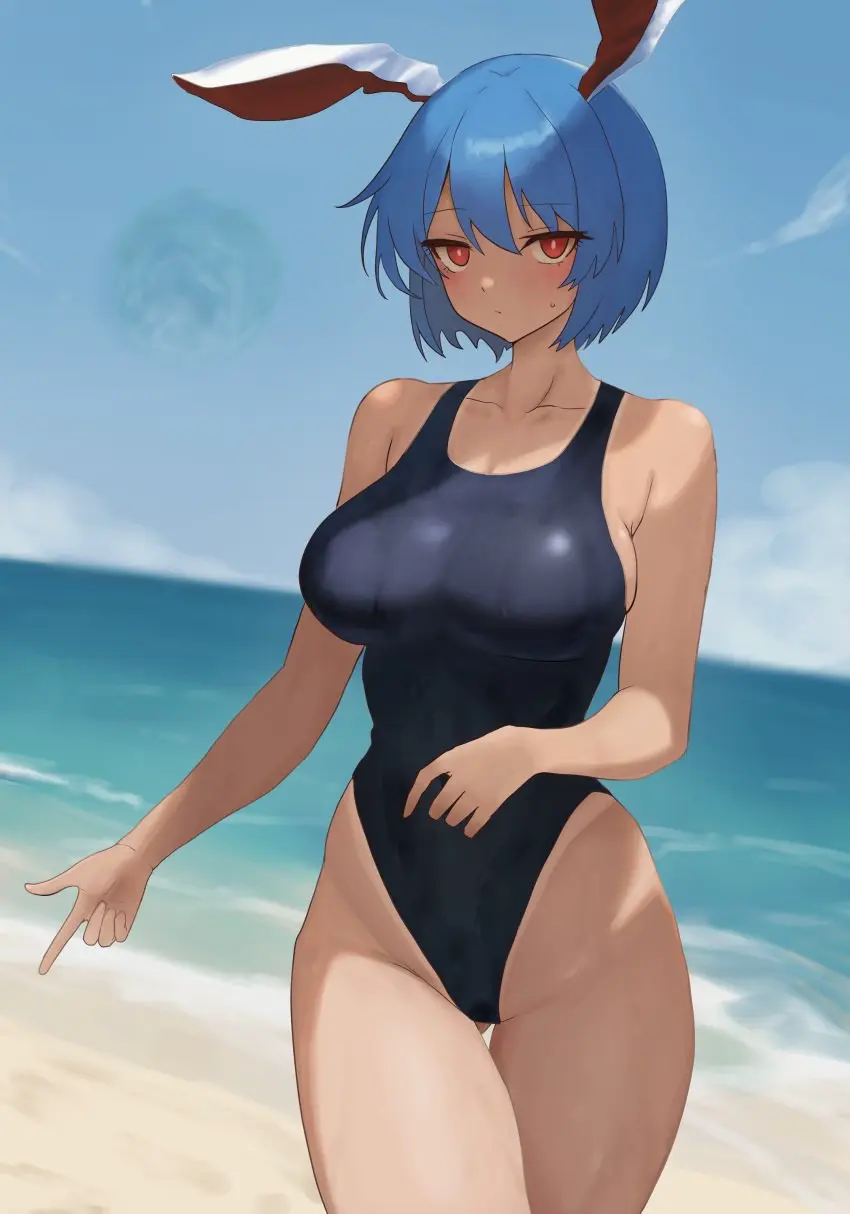 Image 1girls,big_breasts,blush,breasts,female,looking_at_viewer,red_eyes,solo,standing,touhou,blue_hair,short_hair,thick_thighs,thighs,humanoid,wide_hips,beach,hips,bare_shoulders,cleavage,2d,swimsuit,wet,bunny_ears,bunny_girl,rabbit_ears,outdoors,rabbit,day,rabbit_girl,bunny,source,moriforest1040,rei'sen,reisen