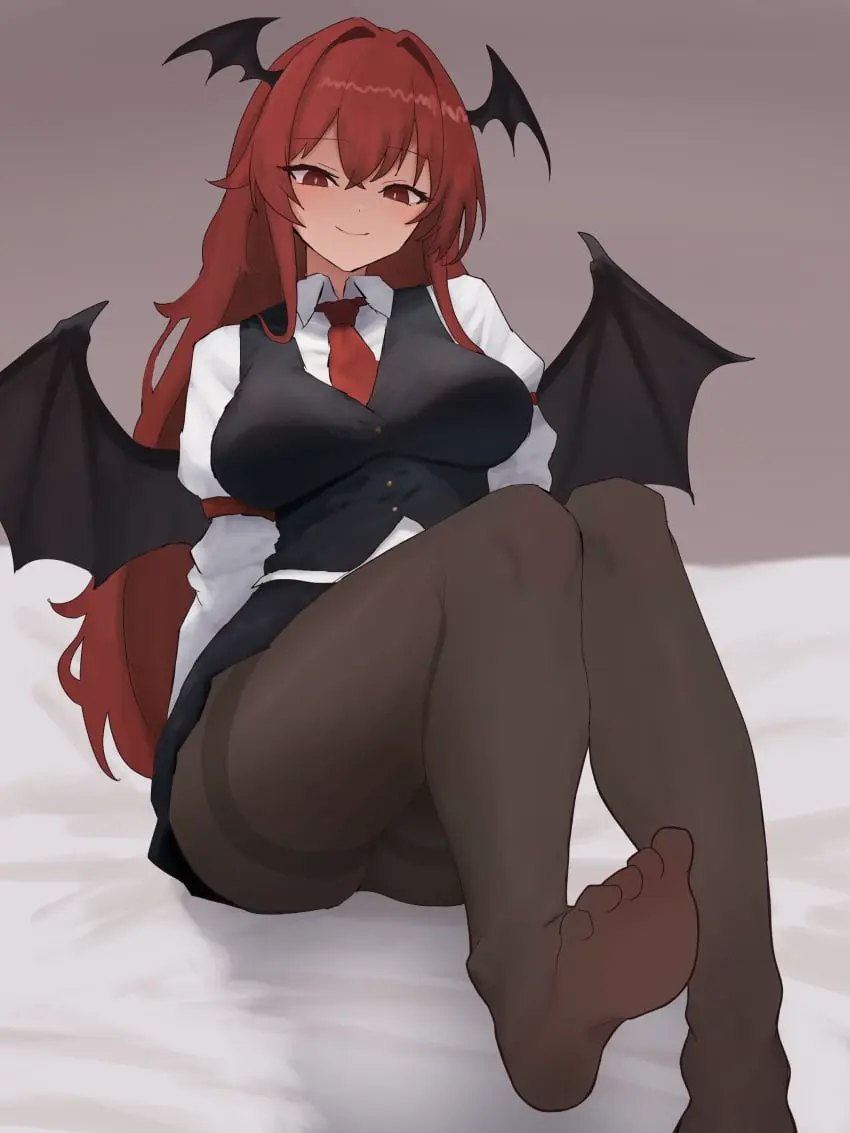 Image 1girls,blush,clothed,female,long_hair,looking_at_viewer,red_eyes,shirt,smile,solo,touhou,lying,red_hair,feet,clothed_female,wings,2d,lying_on_bed,skirt,soles,feet_focus,necktie,pantyhose,succubus,bat_wings,koakuma,vest,source,moriforest1040