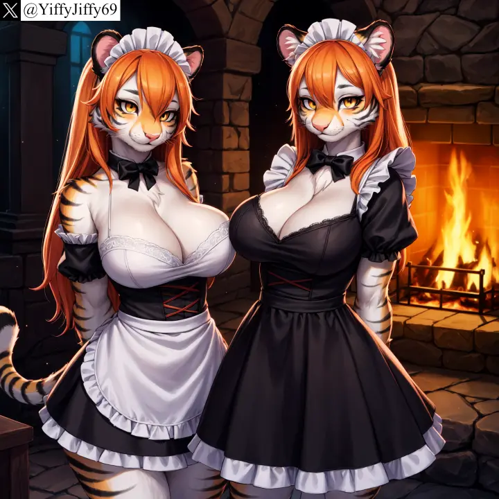 Image bow,breasts,cowboy_shot,female,large_breasts,long_hair,looking_at_viewer,smile,2girls,animal_ears,bangs,multiple_girls,tail,furry,watermark,ai_generated,artist_name,cleavage,orange_hair,anthro,furry_female,twitter,stable_diffusion,dress,hair_between_eyes,maid,closed_mouth,short_sleeves,black_dress,maid_headdress,apron,feline,fire,bowtie,tiger,arms_behind_back,twitter_username,black_bow,black_bowtie,fireplace,yiffyjiffy69,tiger_ears,tiger_girl,tiger_tail