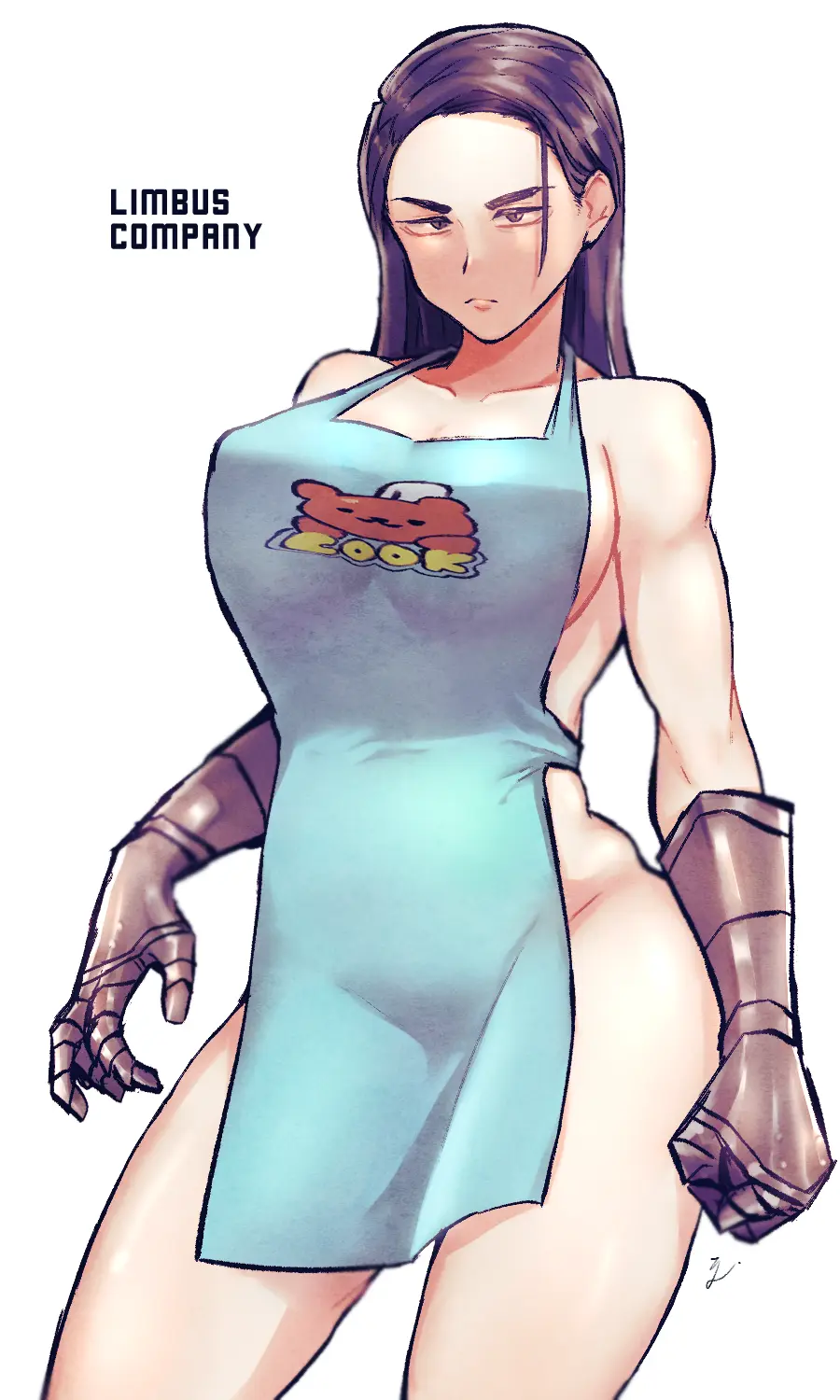 Image 1girls,big_breasts,breasts,clothing,female,long_hair,black_hair,thick_thighs,thighs,apron,rule_63,gauntlets,apron_only,project_moon,limbus_company,meursault_(limbus_company)