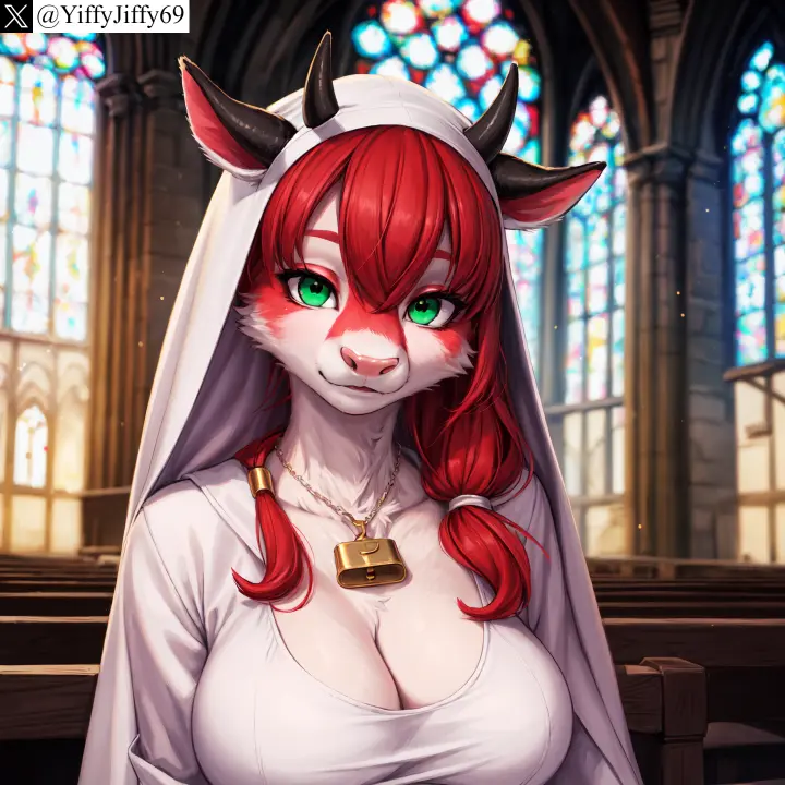 Image breasts,female,large_breasts,long_hair,looking_at_viewer,smile,solo,animal_ears,red_hair,furry,watermark,horns,ai_generated,artist_name,cleavage,jewelry,anthro,furry_female,twitter,green_eyes,stable_diffusion,necklace,indoors,hair_between_eyes,snout,upper_body,bovine,church,cow_ears,bell,nun,twitter_username,veil,yiffyjiffy69,stained_glass,cow