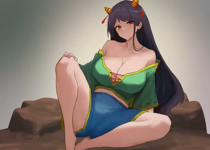 Image 1girls,big_breasts,blush,breasts,clothed,female,long_hair,looking_at_viewer,red_eyes,solo,touhou,black_hair,barefoot,bare_shoulders,cleavage,clothed_female,2d,sitting,shorts,topwear,oni,oni_horns,oni_female,source,moriforest1040,nippaku_zanmu