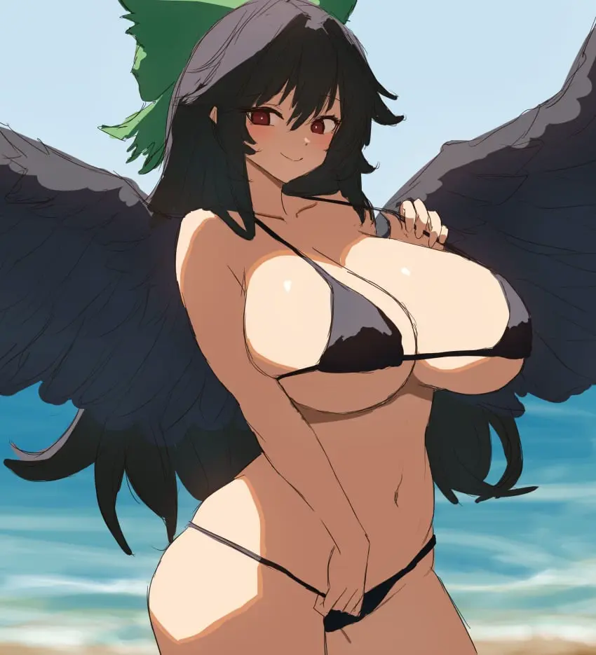 Image 1girls,big_breasts,breasts,female,long_hair,looking_at_viewer,red_eyes,smile,solo,touhou,black_hair,bikini,humanoid,wide_hips,beach,hips,bare_shoulders,belly,belly_button,cleavage,wings,2d,swimsuit,hair_ribbon,outdoors,swimwear,crow,utsuho_reiuji,source,bikini_only,raven,swimsuit_only,moriforest1040,okuu