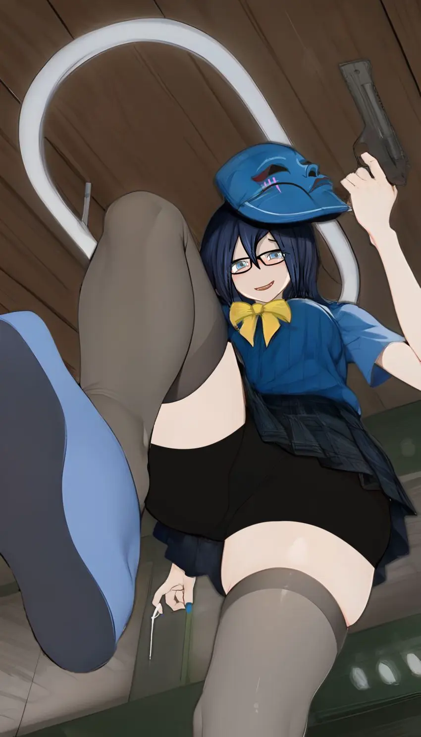 Image blush,female,blue_eyes,blue_hair,thighhighs,glasses,smug,skirt,shoes,mask,blue_shirt,upskirt,gun,presenting_feet,ema_pex,payday,sydch