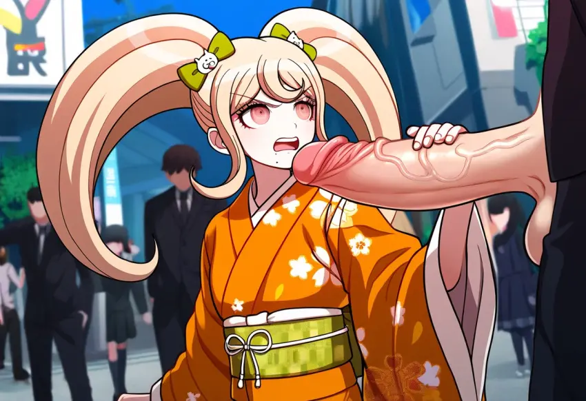 Image 1girls,female,1boy,male,penis,big_penis,erection,ai_generated,huge_cock,blonde_hair,twintails,handjob,public,angry,kimono,danganronpa,danganronpa_2:_goodbye_despair,saionji_hiyoko