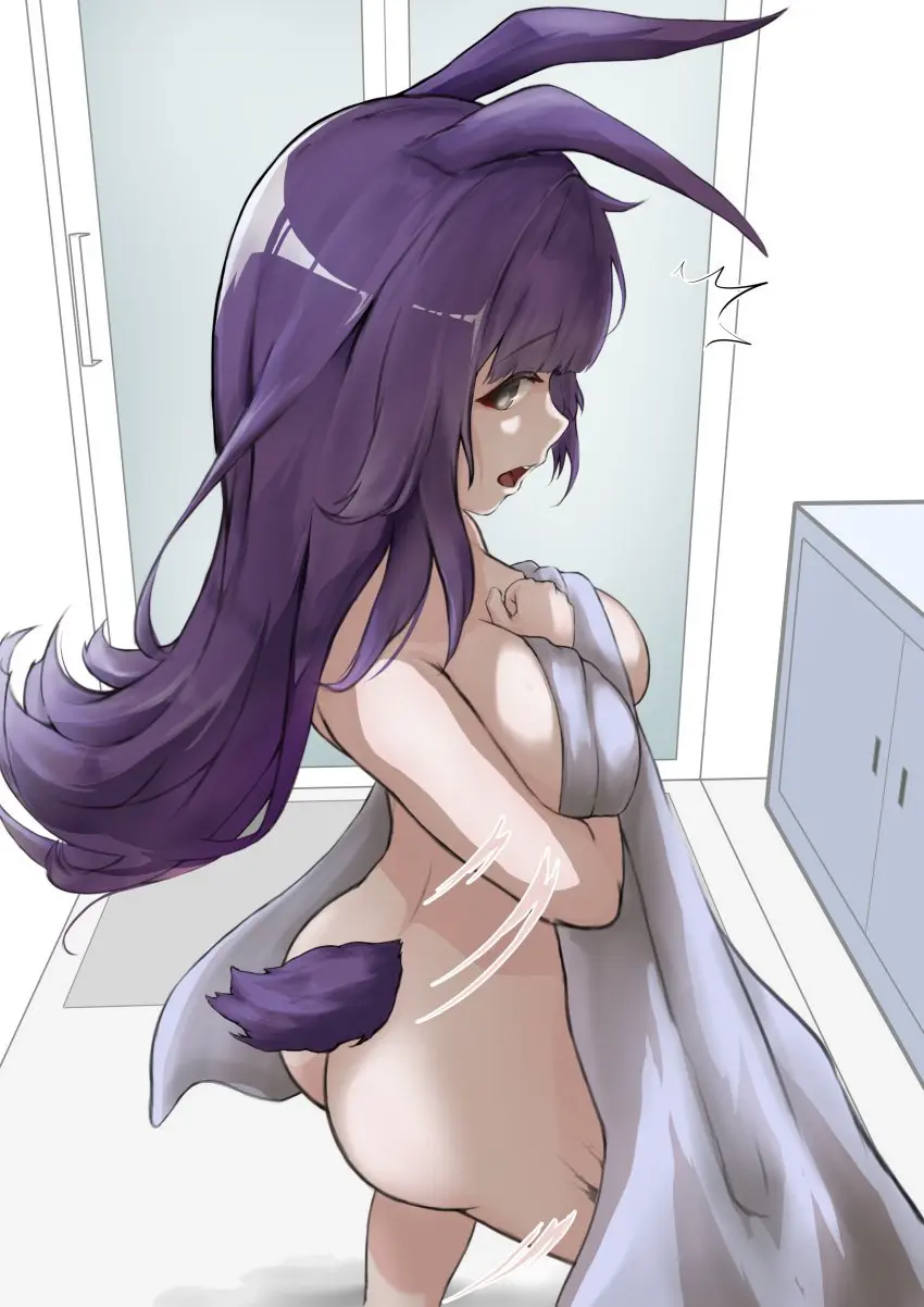 Image 1girls,breasts,female,female_only,looking_at_viewer,solo,animal_ears,tail,ass,arknights,solo_female,artist_request,rabbit_ears,purple_hair,surprised,towel,rabbit_tail,naked_towel,rope_(arknights)