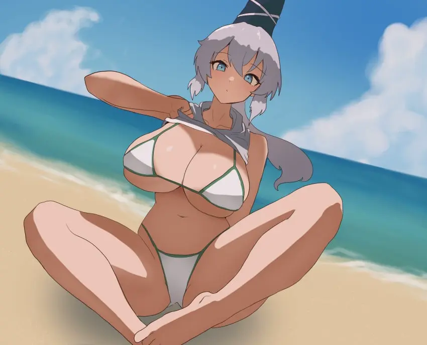 Image 1girls,big_breasts,breasts,female,large_breasts,long_hair,looking_at_viewer,solo,touhou,white_hair,blue_eyes,bikini,hat,thick_thighs,thighs,barefoot,ponytail,wide_hips,beach,hips,bare_shoulders,belly,belly_button,cleavage,huge_breasts,2d,sitting,tied_hair,outdoors,mononobe_no_futo,tate_eboshi,source,lifting_top,moriforest1040