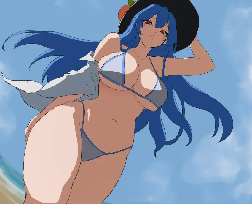 Image 1girls,big_breasts,breasts,female,long_hair,looking_at_viewer,open_mouth,red_eyes,shirt,solo,touhou,blue_hair,bikini,hat,thick_thighs,thighs,wide_hips,beach,hips,bare_shoulders,belly,belly_button,2d,outdoors,hourglass_figure,from_below,shirt_down,hat_ornament,peach_(fruit),source,moriforest1040,hinanawi_tenshi,tenshi_hinanawi