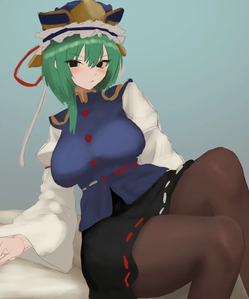 Image 1girls,big_breasts,blush,breasts,clothed,female,looking_at_viewer,shirt,solo,touhou,short_hair,lying,hat,thick_thighs,thighs,wide_hips,hips,shy,clothed_female,2d,green_eyes,stockings,green_hair,lying_on_bed,skirt,pantyhose,vest,lying_on_back,source,eiki_shiki,moriforest1040