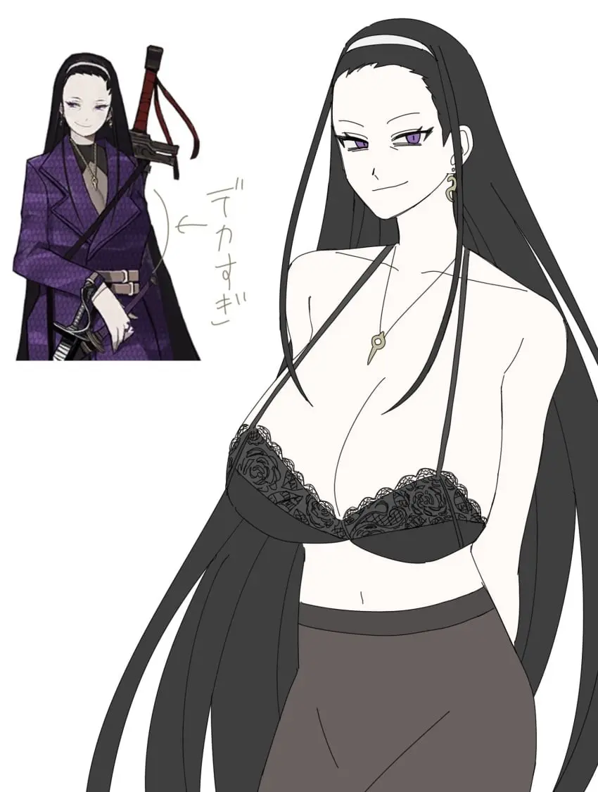 Image 1girls,big_breasts,breasts,clothing,female,long_hair,pants,very_long_hair,black_hair,earrings,purple_eyes,pale_skin,sagging_breasts,pantyhose,library_of_ruina,project_moon,pendant,iori_(library_of_ruina)