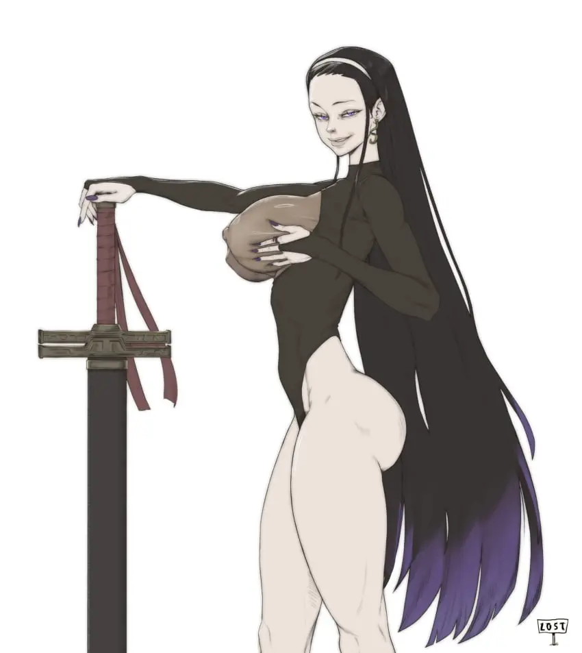 Image 1girls,big_breasts,breasts,female,long_hair,looking_at_viewer,very_long_hair,black_hair,big_ass,earrings,thick_thighs,hairband,purple_eyes,dyed_hair,sword,visible_nipples,transparent_clothing,library_of_ruina,project_moon,iori_(library_of_ruina),lostinium