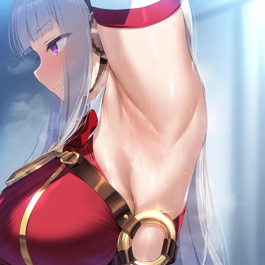 Image blush,breasts,female,large_breasts,sweat,armpits,arms_up,mammal