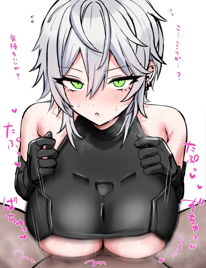 Image 1girls,blush,breasts,female,grey_hair,light-skinned_female,light_skin,looking_at_viewer,1boy,male,sweat,dark-skinned_male,dark_skin,underboob,huge_breasts,green_eyes,paizuri,pov,male_pov,paizuri_lead_by_female,engulfing_paizuri,paizuri_under_clothes,dolphin_wave,bisyo_oji,sarah_anthony