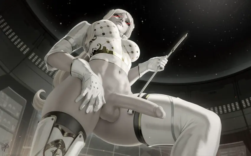 Image big_breasts,breasts,clothed,clothing,human,light_skin,solo,white_hair,penis,thighhighs,big_penis,1futa,erection,futanari,intersex,light-skinned_futa,gold_trim,balls,blonde_hair,futa_only,pale_skin,smooth_balls,smooth_penis,low-angle_view,bottomless,from_below,partially_clothed,legwear,abs,nier:_automata,whip,pale-skinned_futa,themaestronoob,yorha_commander