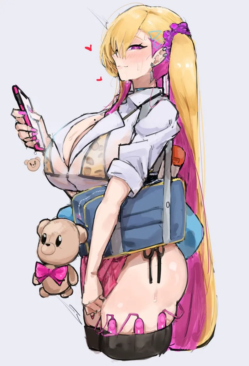 Image 1girls,blush,breasts,female,light-skinned_female,light_skin,heart-shaped_pupils,symbol-shaped_pupils,thighhighs,two_tone_hair,huge_breasts,pink_hair,blonde_hair,purple_eyes,skirt,bimbo,heart,last_origin,pink_nails,phone,smartphone,plushie,piercings,bag,egg_vibrator,ear_piercings,gyaru,boryeon_(last_origin),sex_toys,uun_(uundayo_olo),vibrators