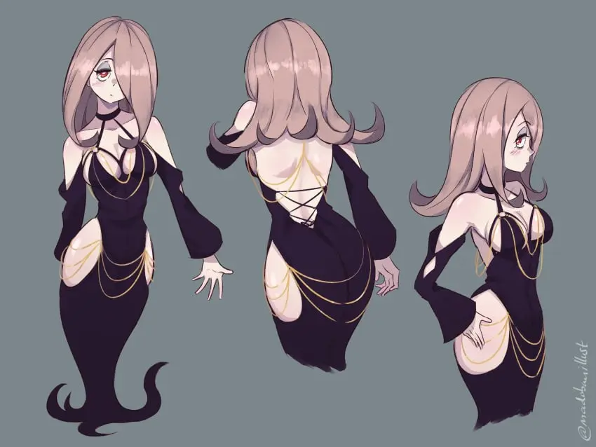 Image 1girls,blush,breasts,female,female_only,long_hair,long_sleeves,looking_at_viewer,red_eyes,solo,big_ass,hair_over_one_eye,hips,bare_shoulders,cleavage,gold_(metal),jewelry,cleavage_cutout,dress,busty,curvy,curvy_female,pale_skin,detached_sleeves,back,purple_hair,medium_hair,hand_on_hip,hourglass_figure,artist_signature,black_dress,small_waist,back_view,fully_clothed,meme_attire,modakawa_dress,gold_jewelry,multiple_poses,no_underwear,gold_chain,backless_outfit,shoulder_blades,clothing_cutout,long_dress,little_witch_academia,sucy_manbavaran,hip_windows,madabauillust