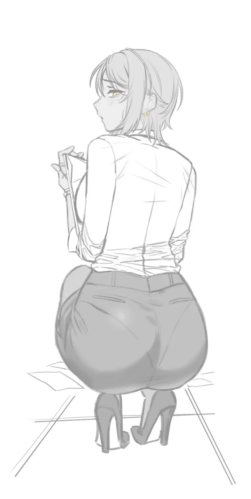 Image 1girls,big_breasts,breasts,clothing,female,short_hair,yellow_eyes,big_ass,earrings,looking_back,skimpy,office_lady,project_moon,limbus_company,outis_(limbus_company),outis_(project_moon),rhlatm