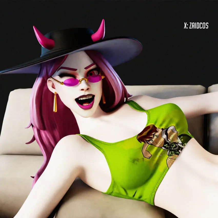 Image shirt,fortnite,tagme,fortnite:_battle_royale,sunglasses,looking_over_eyewear,looking_over_glasses,looking_over_sunglasses,tinted_eyewear,crop_top,harpy_haze_(fortnite),haze_(fortnite),pink-tinted_eyewear