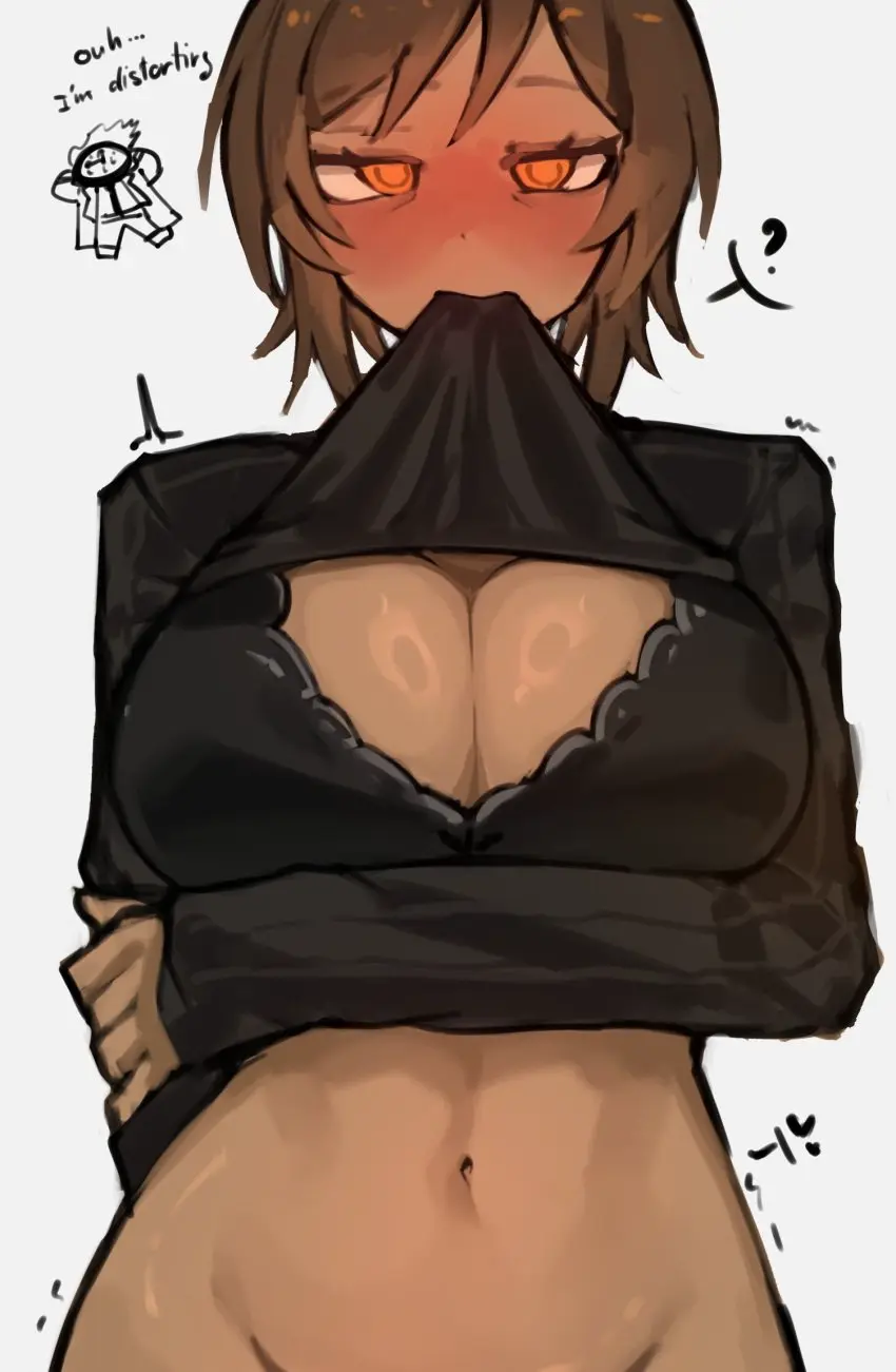 Image 1girls,big_breasts,blush,breasts,clothing,female,long_sleeves,simple_background,white_background,short_hair,yellow_eyes,bra,dark_skin,belly_button,digital_drawing_(artwork),digital_media,digital_media_(artwork),sole_female,solo_focus,brown_hair,dark-skinned_female,trembling,bottomless,shirt_lift,heart,2024,?,eyes_half_open,blushing,hand_behind_head,<3,project_moon,limbus_company,outis_(limbus_company),outis_(project_moon),dante_(limbus_company),shigezie
