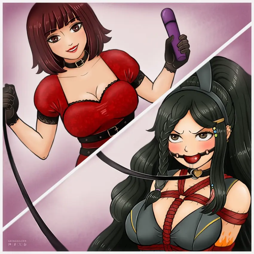 Image female,2girls,original,defeated,playboy_bunny,bondage,femdom,ball_gag,gag,gagged,glaring,red_rope,captive,shibari,akinasilver