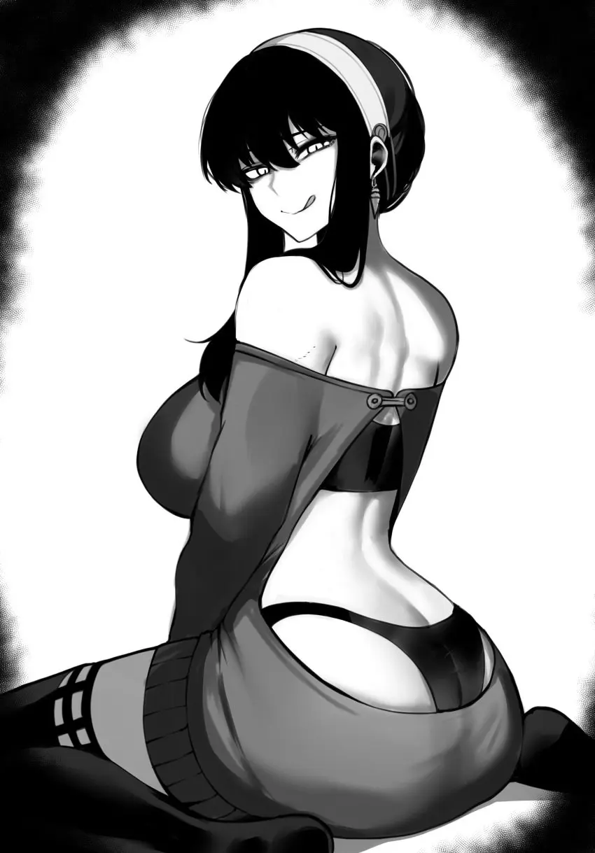 Image female,panties,ass,thighs,thigh_socks,back,monochrome,spy_x_family,yor_briar,yor_forger,masoq095