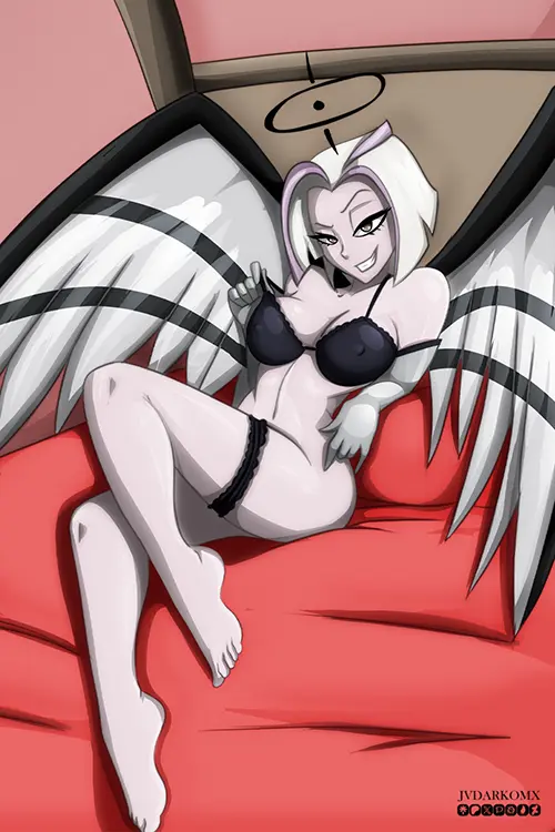 Image female,elbow_gloves,gloves,bra,angel_wings,twitter,angel,halo,hazbin_hotel,bra_lift,bra_pull,black_bra,lute_(hazbin_hotel),angel_girl,vivienne_medrano,vivziepop,black_halo,jvdarkomx