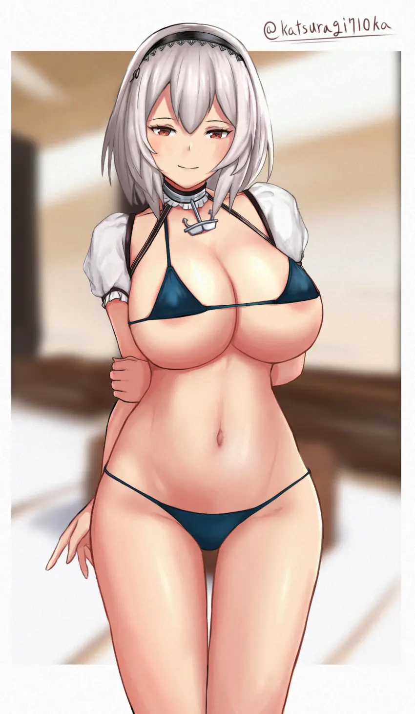 Image breasts,female,highres,large_breasts,looking_at_viewer,red_eyes,solo,white_hair,absurdres,bikini,artist_name,covered_nipples,hairband,swimsuit,short_sleeves,micro_bikini,string_bikini,alternate_costume,blue_bikini,azur_lane,areola_slip,black_hairband,bad_id,bad_pixiv_id,white_sleeves,anchor_choker,katsuragi_nantoka,sirius_(azur_lane)