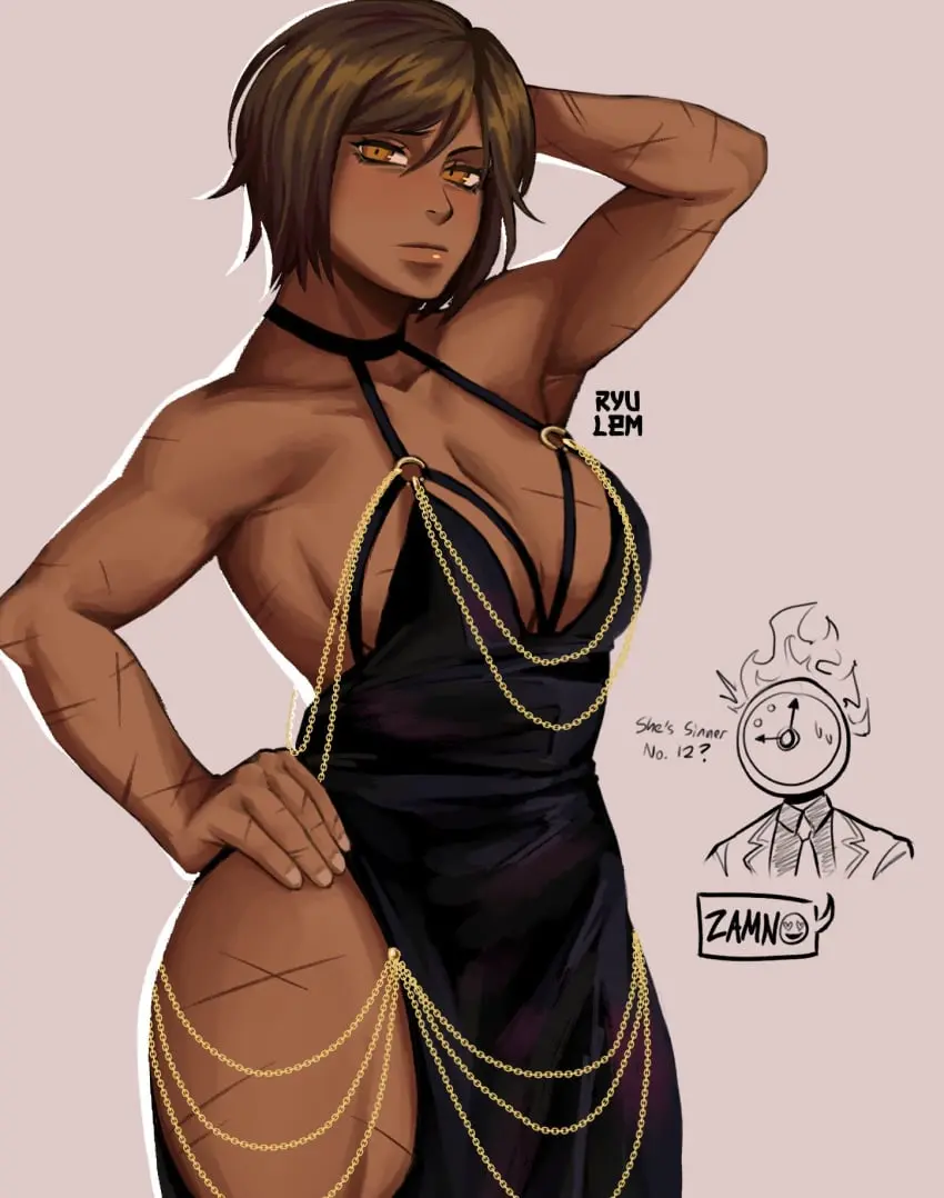 Image 1girls,big_breasts,breasts,female,hi_res,hand_on_head,short_hair,yellow_eyes,thick_thighs,dark_skin,muscular,jewelry,dress,brown_hair,scar,modakawa_dress,project_moon,limbus_company,outis_(limbus_company),outis_(project_moon),dante_(limbus_company)