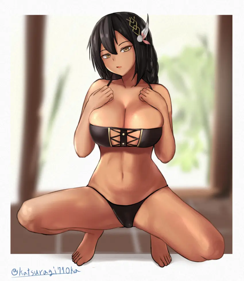 Image 1girls,breasts,female,hair_ornament,highres,large_breasts,long_hair,looking_at_viewer,open_mouth,solo,black_hair,navel,yellow_eyes,bikini,barefoot,dark_skin,cleavage,feathers,swimsuit,dark-skinned_female,braid,squatting,black_bikini,full_body,azur_lane,eagle_union_(azur_lane),native_american,crop_top,twitter_username,bad_id,bad_pixiv_id,border,white_border,outside_border,feather_hair_ornament,katsuragi_nantoka,south_dakota_(azur_lane),tri_braids