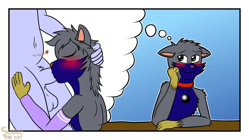 Image blush,brown_eyes,clothing,hi_res,male,faceless_male,duo,male/male,solo_focus,balls,anthro,text,collar,fur,genitals,grey_body,grey_fur,mammal,yellow_body,yellow_fur,sound_effects,feline,blue_body,blue_fur,animal_genitalia,sheath,armwear,purple_clothing,heart_symbol,felid,domestic_cat,felis,thought_bubble,onomatopoeia,pupils,faceless_character,arm_warmers,dilated_pupils,fully_sheathed,sheath_play,daydream,big_pupils,scout_the_cat_(character),scoutthecat02,sheath_kiss