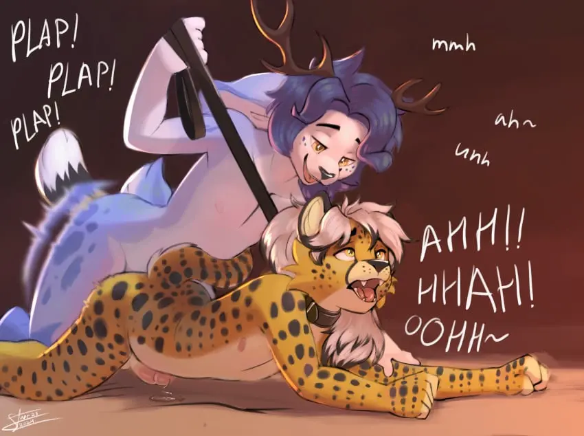 Image brown_eyes,hi_res,nipples,open_mouth,male,nude,penis,tail,yellow_eyes,lying,sex,duo,erection,freckles,prone_bone,anal,anal_sex,male/male,teeth,from_behind_position,anthro,purple_fur,text,absurd_res,on_bed,bed,penetration,sharp_teeth,genital_fluids,collar,bodily_fluids,fur,genitals,mammal,precum,yellow_body,yellow_fur,horn,antlers,sound_effects,feline,glistening,purple_body,leash,deer,furniture,short_tail,felid,animal_print,onomatopoeia,leashed_collar,spots,cheetah,fists_clenched,on_front,leash_pull,scut_tail,glistening_eyes,black_spots,tail_around_partner,holding_arm,tail_around_waist,purple_spots,cheetah_tail,cheetah_print,purple_freckles,snowsietiger,snowsotigee