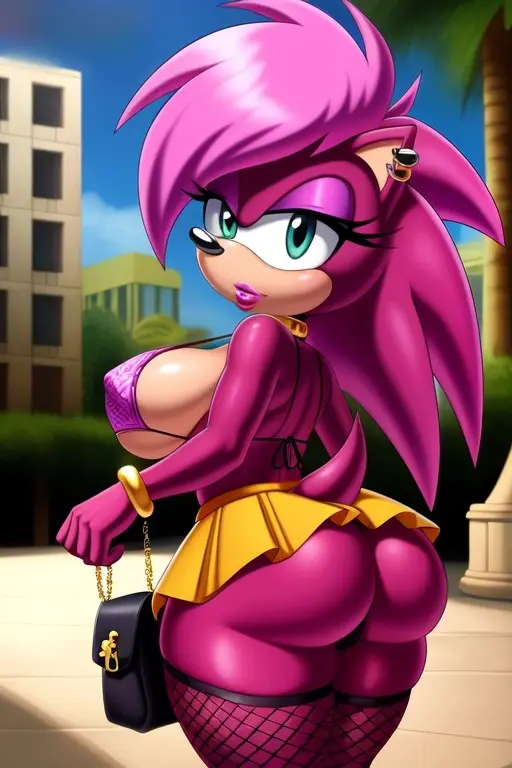 Image breasts,female,bikini,ass,seductive,ai_generated,round_ass,pink_hair,lips,skirt,lipstick,fishnets,outside,sonic_(series),sonic_the_hedgehog_(series),purse,sonia_the_hedgehog,magenta_fur