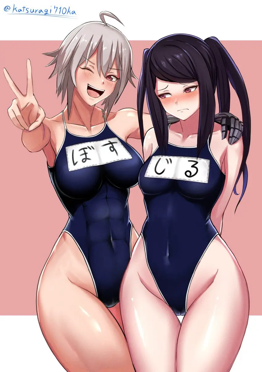 Image blush,breasts,female,grey_hair,highres,long_hair,open_mouth,red_eyes,smile,2girls,absurdres,multiple_girls,navel,short_hair,embarrassed,one_eye_closed,one-piece_swimsuit,swimsuit,ahoge,purple_hair,twintails,alternate_costume,covered_navel,abs,highleg,school_swimsuit,v,narrow_waist,name_tag,highleg_swimsuit,julianne_stingray,va-11_hall-a,;d,competition_school_swimsuit,katsuragi_nantoka,dana_zane,mechanical_arms,single_mechanical_arm