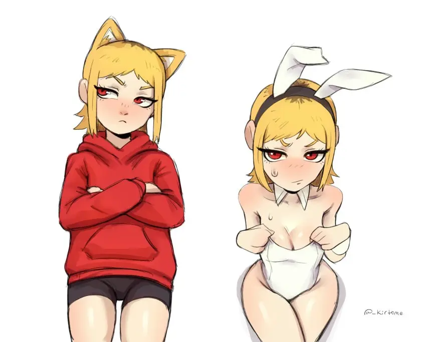 Image 1girls,female,female_only,light-skinned_female,looking_at_viewer,red_eyes,short_hair,seductive_eyes,seductive_look,cat_ears,fringe,blonde_hair,petite,slim,teenager,bunny_ears,medium_hair,cute,skinny,young,bunnysuit,slit_pupils,chainsaw_man,petplay,roleplay,small_fringe,above_view,small_breast,kirtome,sawatari_akane