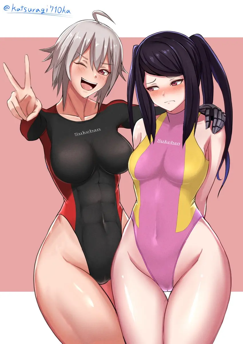 Image breasts,cowboy_shot,female,grey_hair,highres,large_breasts,long_hair,long_sleeves,red_eyes,2girls,absurdres,black_hair,multiple_girls,short_hair,medium_breasts,one-piece_swimsuit,swimsuit,ahoge,twintails,commentary_request,covered_navel,abs,highleg,turtleneck,v,pink_background,arms_behind_back,twitter_username,english_commentary,bad_id,bad_pixiv_id,mixed-language_commentary,black_one-piece_swimsuit,highleg_swimsuit,competition_swimsuit,pink_one-piece_swimsuit,julianne_stingray,va-11_hall-a,katsuragi_nantoka,dana_zane
