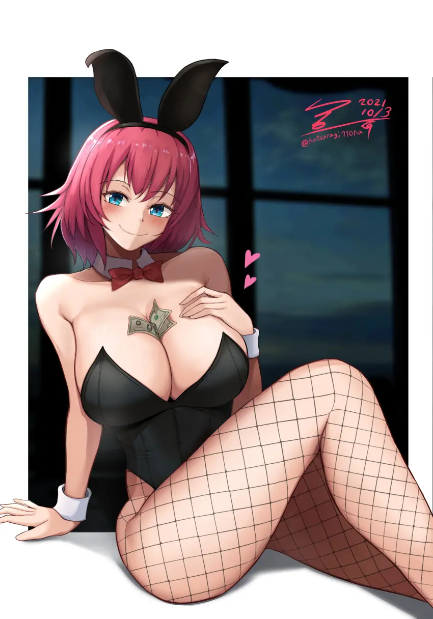 Image bow,breasts,female,highres,large_breasts,solo,absurdres,animal_ears,blue_eyes,red_hair,sitting,rabbit_ears,medium_hair,detached_collar,fishnets,playboy_bunny,leotard,highleg,highleg_leotard,strapless,strapless_leotard,between_breasts,bowtie,bad_id,bad_pixiv_id,wrist_cuffs,black_leotard,fishnet_pantyhose,red_bowtie,red_bow,katsuragi_nantoka,n1rv_ann-a,sam_(n1rv_ann-a)