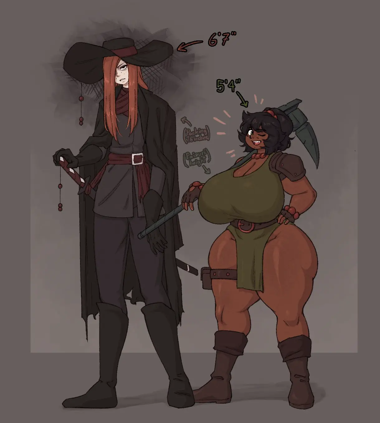 Image 1girls,breasts,clothed,clothing,female,human,light_skin,long_hair,looking_at_viewer,standing,red_hair,thick_thighs,voluptuous,1futa,futanari,intersex,ponytail,dark_skin,interracial,wide_hips,size_difference,huge_breasts,breasts_bigger_than_head,thick_ass,wink,pale_skin,brown_hair,dark-skinned_female,skindentation,dickgirl,no_panties,shortstack,holding_weapon,fully_clothed,boots,futa_with_female,trans_woman,transfem,shorter_female,reference_image,dwarf,implied_futa,pale-skinned_futa,taller_futa,dwarf_female,celina_(sosoni),laelia_(sosoni),maul,sosoni,two-handed_weapon,wide_brim_hat