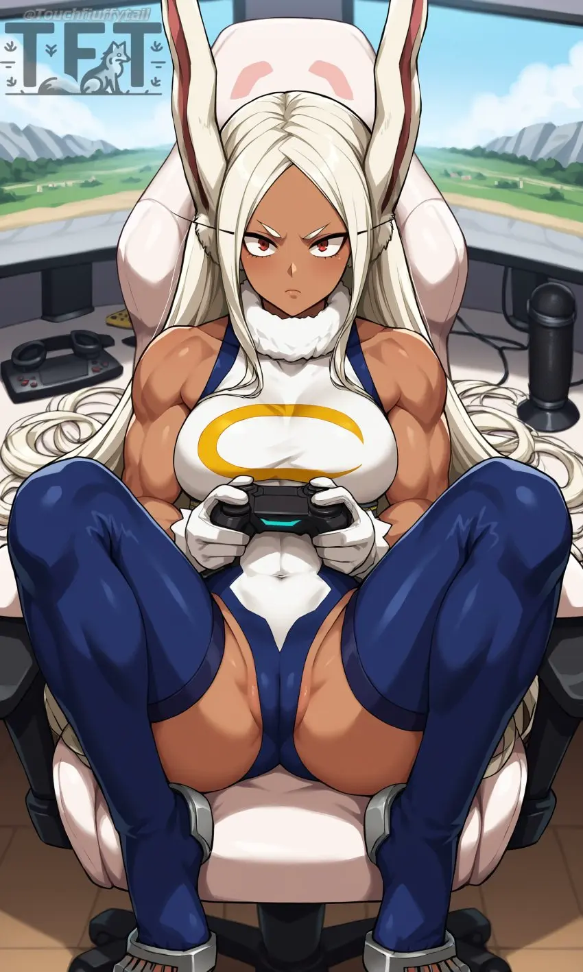 Image female,red_eyes,ai_generated,my_hero_academia,gaming,dark-skinned_female,legs_apart,ai_assisted,miruko,rumi_usagiyama,gaming_chair,hero_outfit_(mha),touchfluffytails