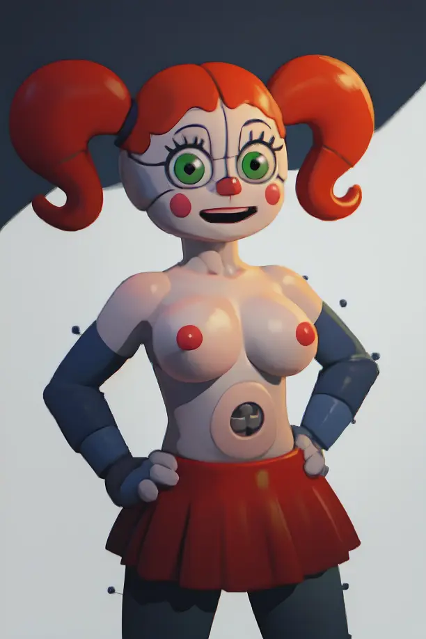 Image breasts,female,white_skin,ai_generated,green_eyes,topless,twintails,skirt,slim_waist,pixai,robot_girl,robot_humanoid,five_nights_at_freddy's,animatronic,hands_on_hips,clown_girl,clown_nose,animatronic_female,pigtails,red_nose,red_skirt,red_cheeks,auburn_hair,possessed,baby_(fnafsl),circus_baby,circus_baby_(fnaf),five_nights_at_freddy's:_sister_location,sister_location,joints,ultimate_custom_night,haunted