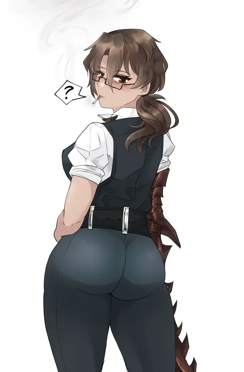 Image 1girls,big_breasts,blush,breasts,brown_eyes,clothing,female,big_ass,looking_back,from_behind,glasses,brown_hair,medium_hair,hand_on_hip,uniform,rule_63,smoking,project_moon,limbus_company,gregor_(limbus_company),tangentrina